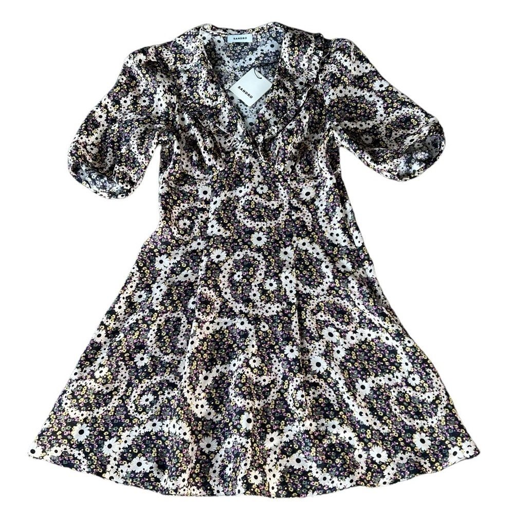 Sandro Casablanca Puff Sleeve 100% Silk Mini Dress Daisy Chain Paisley XS NWT - Picture 5 of 15
